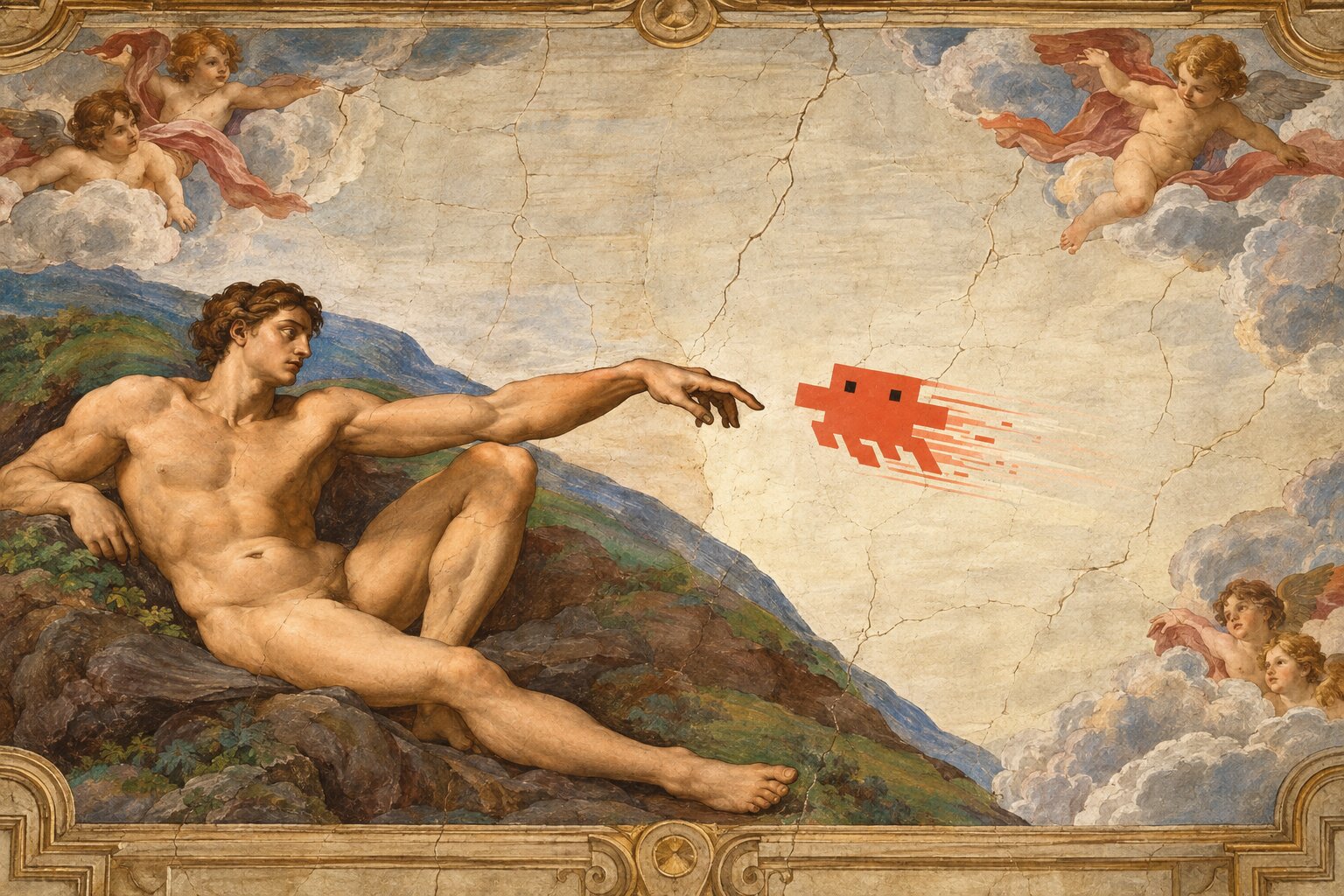 Renaissance fresco parody of The Creation of Adam, with a pixel-art sprite reaching toward Adam's hand